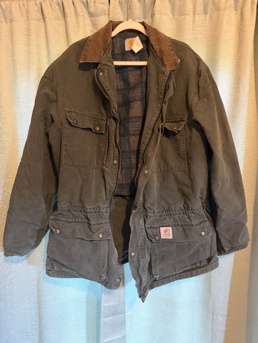 Carhartt Olive Green Canvas Field Jacket with Brown Corduroy Collar